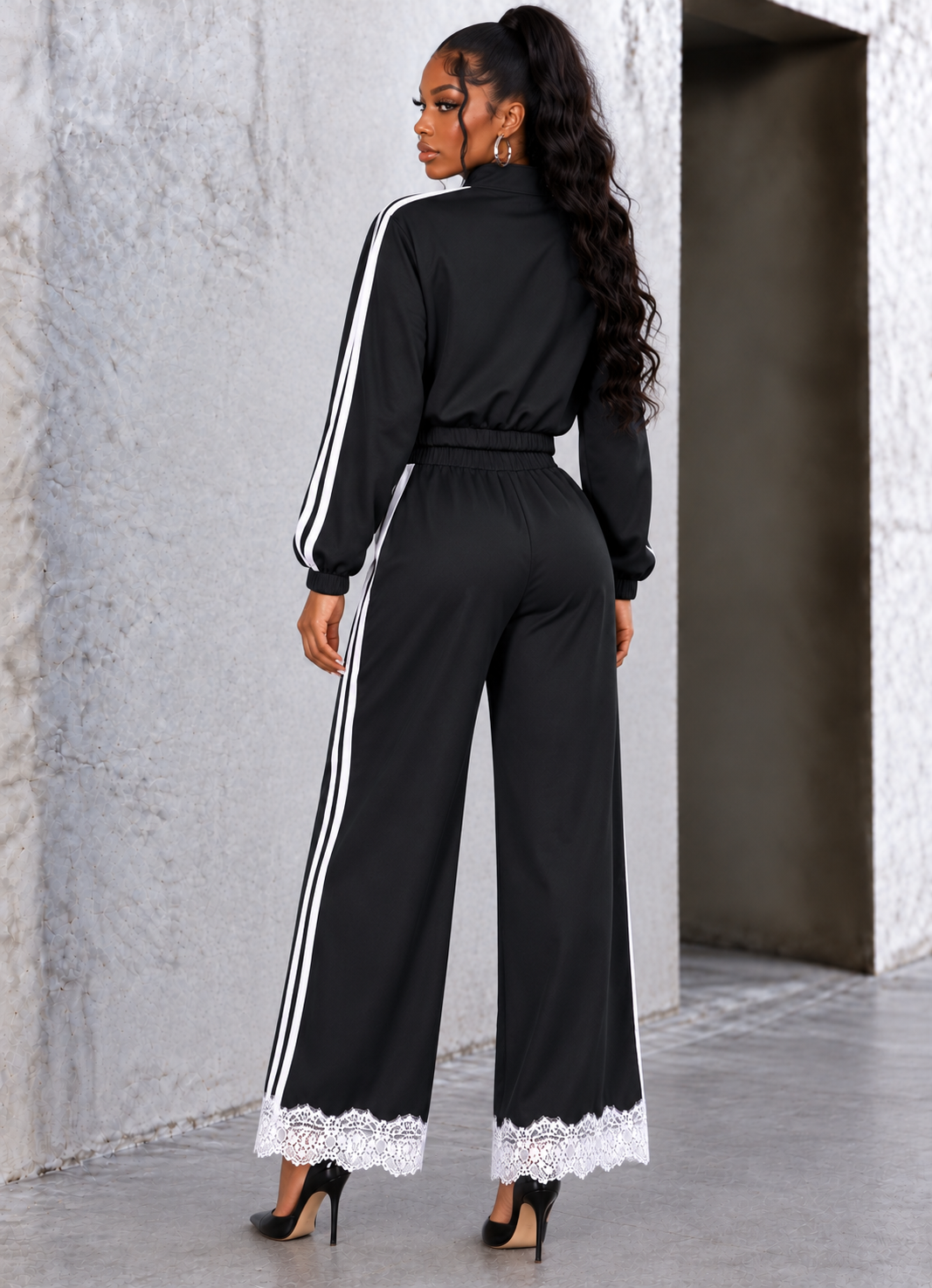 Frog Button Lace Trim Jacket & Wide Pants Set