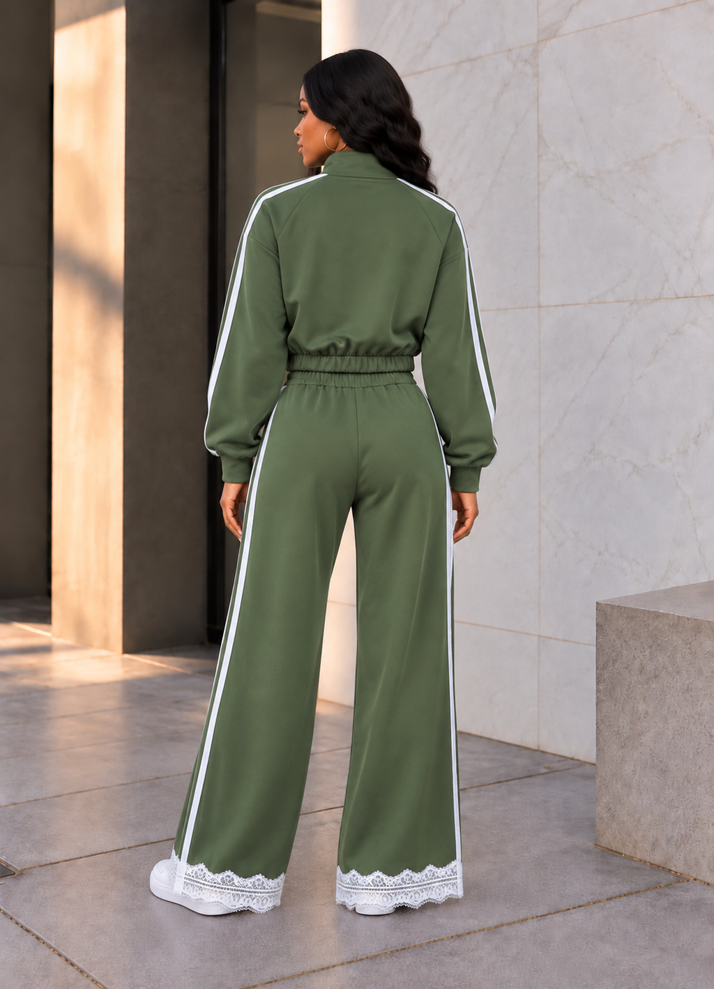 Frog Button Lace Trim Jacket & Wide Pants Set