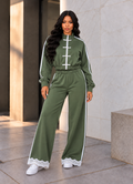 Frog Button Lace Trim Jacket & Wide Pants Set