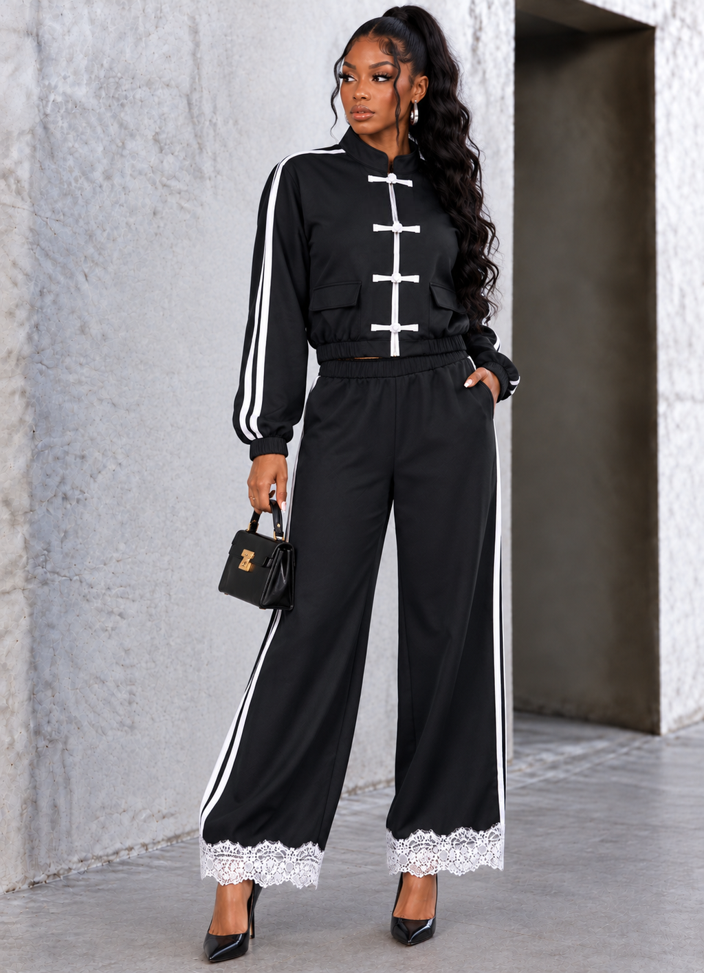 Frog Button Lace Trim Jacket & Wide Pants Set