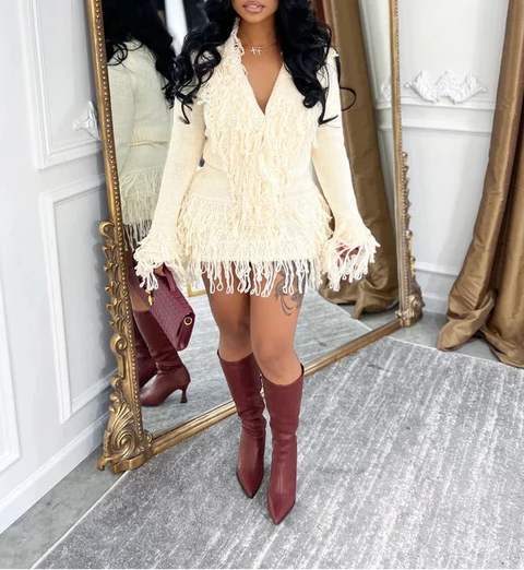 Tassel Trim Knit Top & Skirt Set