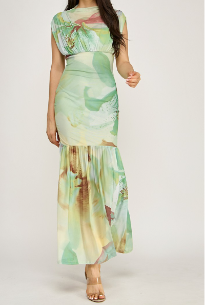 Printed Mesh Maxi Dress
