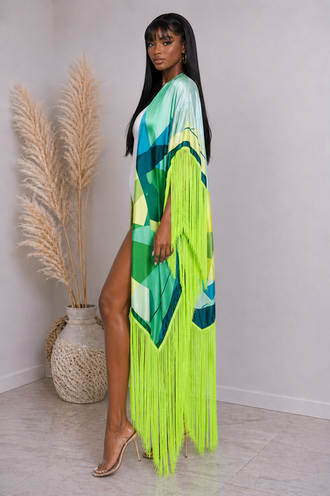 Printed Fringe Tube Cardigan