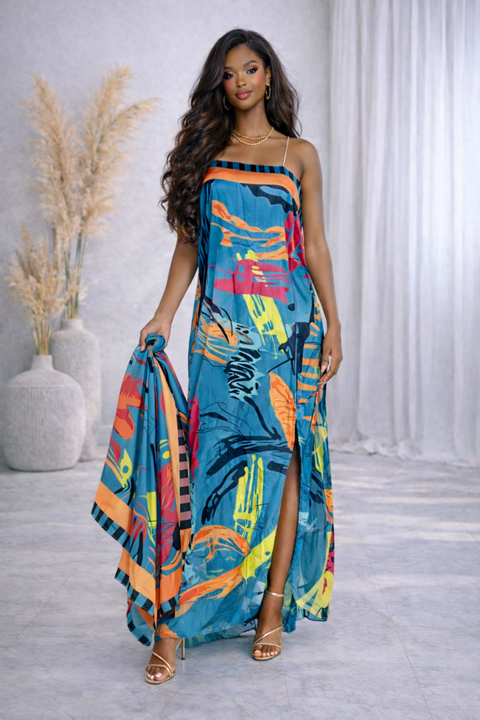 Printed Satin Maxi Dress With Scarf