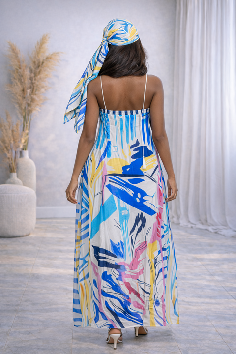 Printed Satin Maxi Dress With Scarf