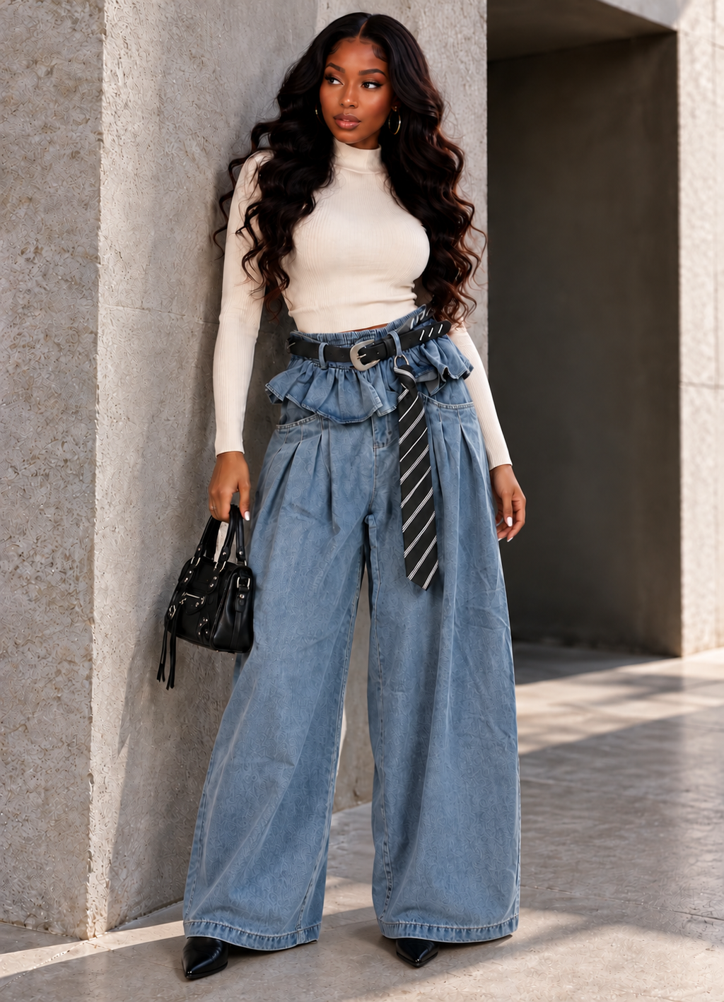 Wide Leg Ruffle Waist Jeans With Belt