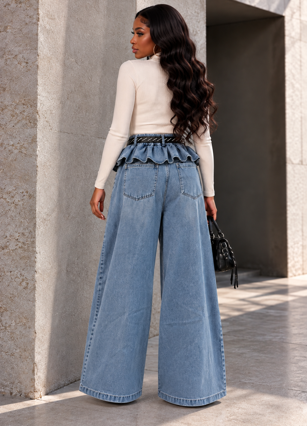 Wide Leg Ruffle Waist Jeans With Belt