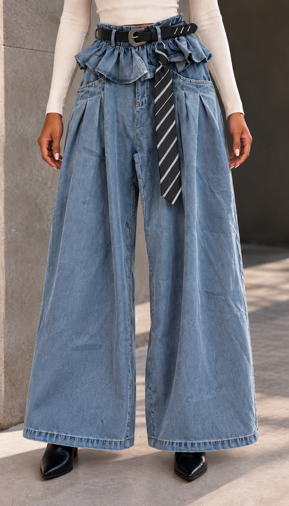 Wide Leg Ruffle Waist Jeans With Belt