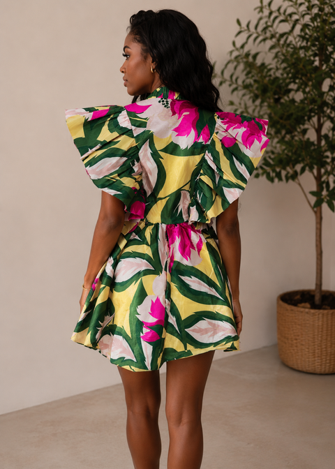 Printed Taffeta Tie Waist Wrap Dress