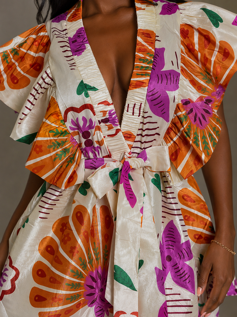 Printed Taffeta Tie Waist Wrap Dress