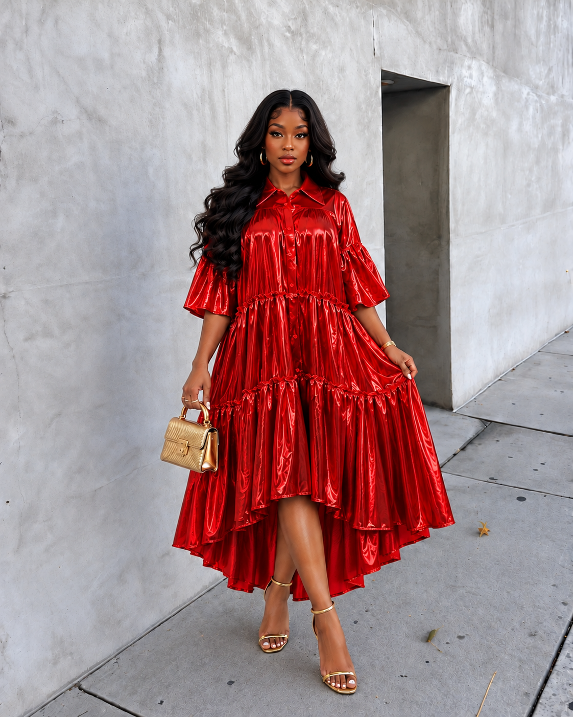 Foil Half Sleeve Colorblock Hi-Lo Dress