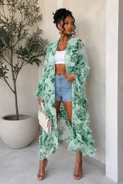 Printed Organza Ruffled Duster Cardigan