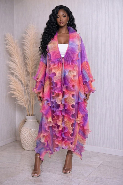 Printed Organza Ruffled Duster Cardigan