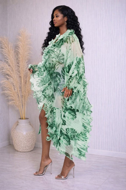 Printed Organza Ruffled Duster Cardigan