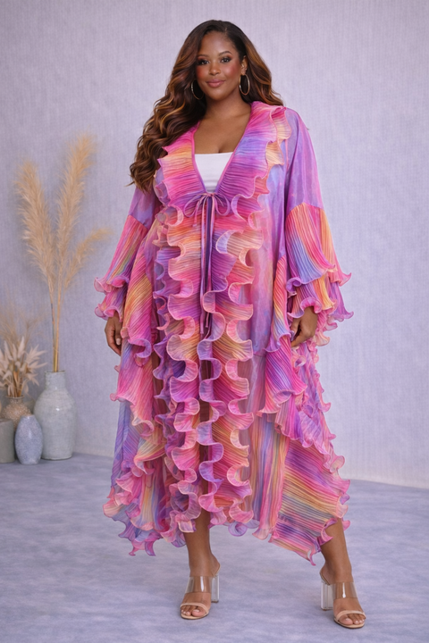 Printed Organza Ruffled Duster Cardigan (Plus)