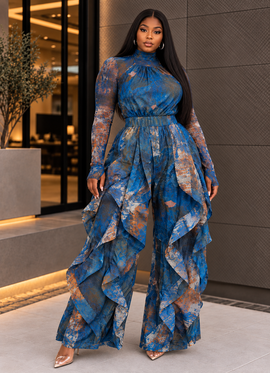 Mesh Top & Ruffle Jumpsuit Set (Plus)