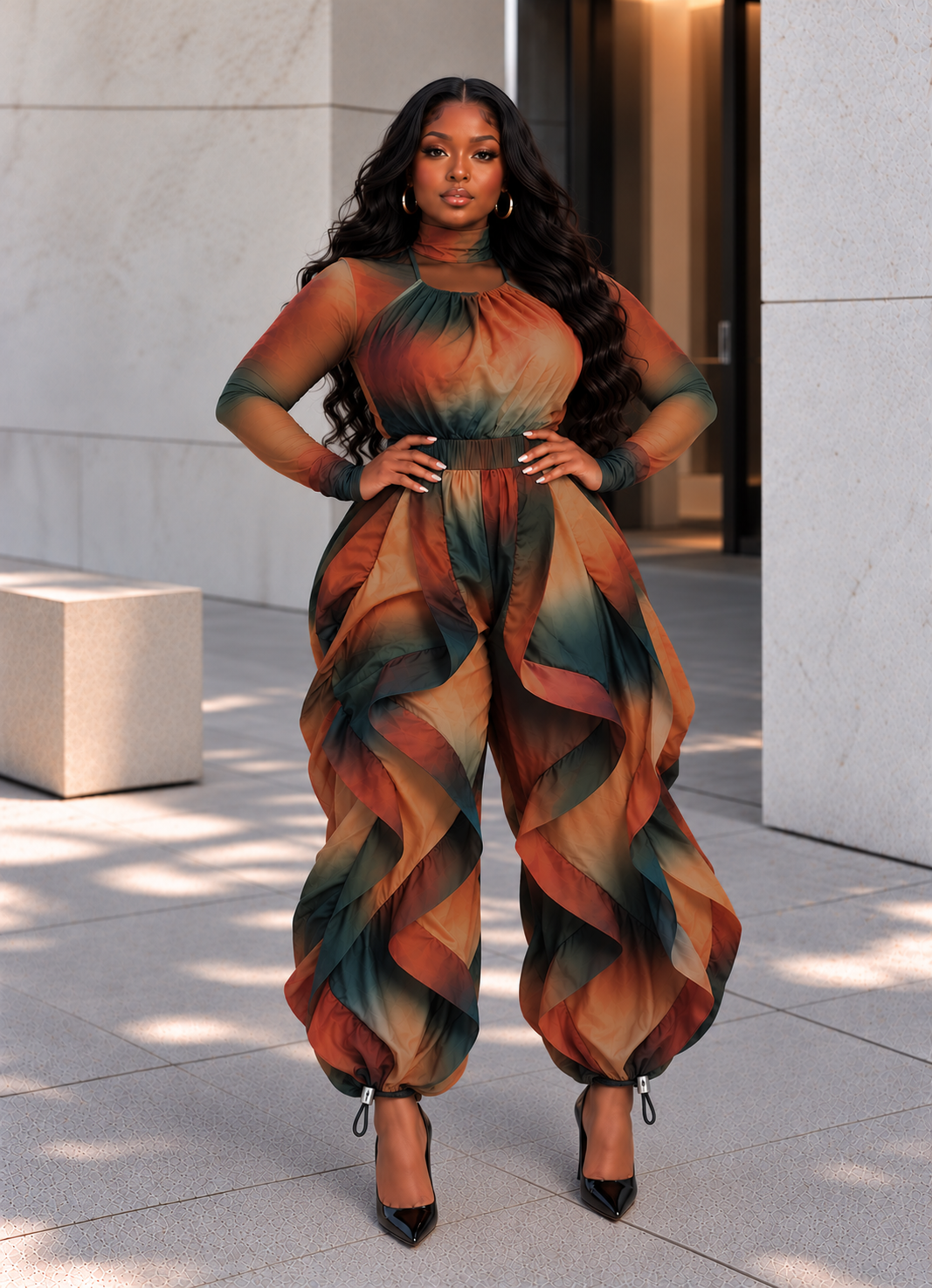Mesh Top & Ruffle Jumpsuit Set (Plus)