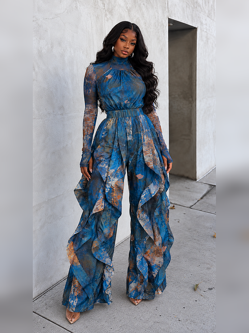 Mesh Top & Ruffle Jumpsuit Set