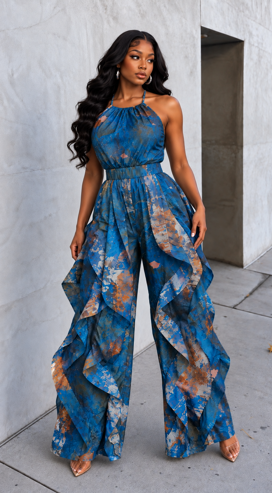 Mesh Top & Ruffle Jumpsuit Set