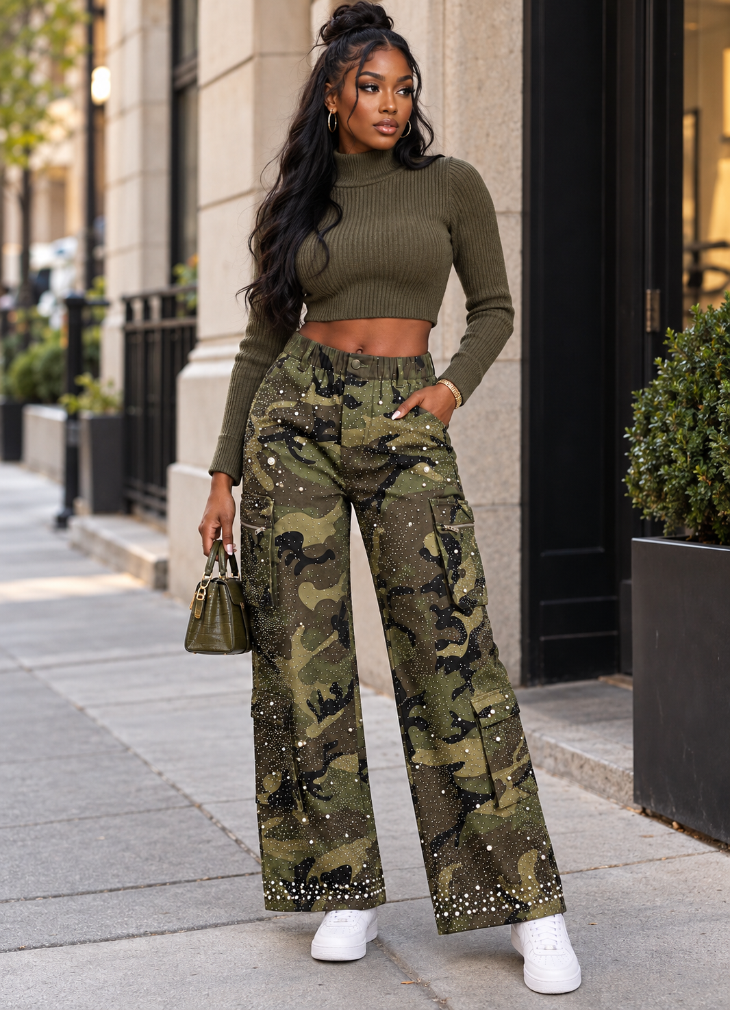 All Over Rhinestone Pearl Camo Pants