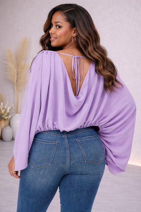 Split Sleeve Elastic Neck Loose Fit Blouse (Plus)