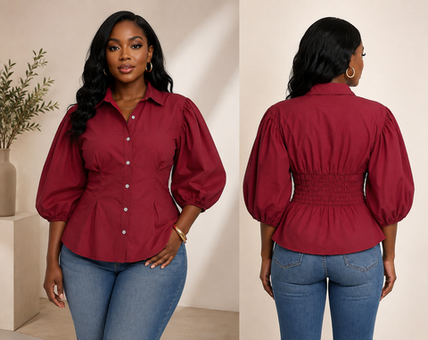 Button Up Puff Sleeve Blouse