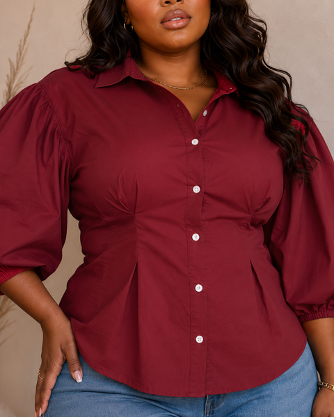 Button Up Puff Sleeve Blouse (Plus)