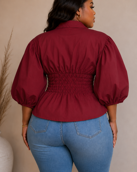 Button Up Puff Sleeve Blouse (Plus)