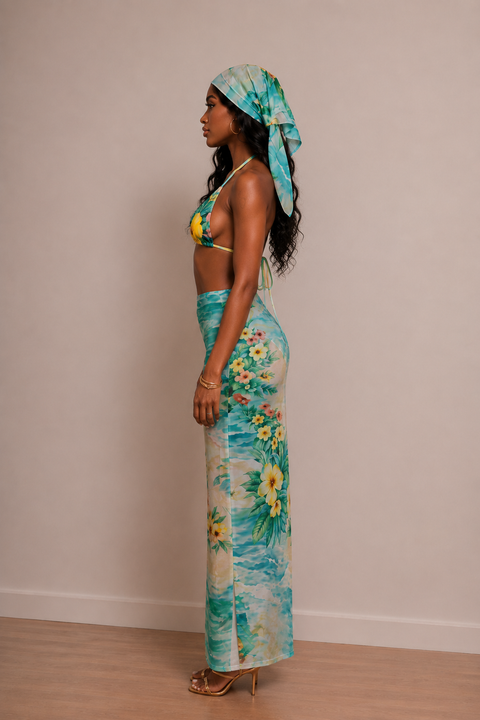Printed Mesh Scarf, Skirt & Bikini Set