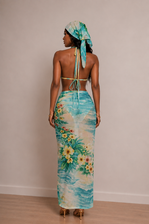 Printed Mesh Scarf, Skirt & Bikini Set