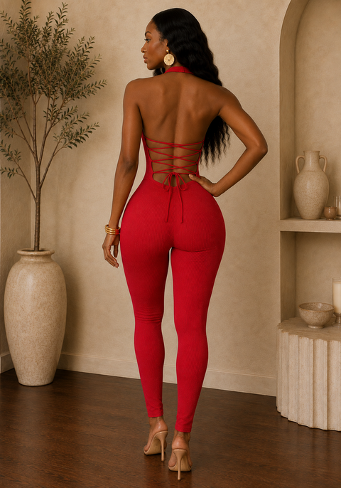 Ribbed Stone Halter Jumpsuit