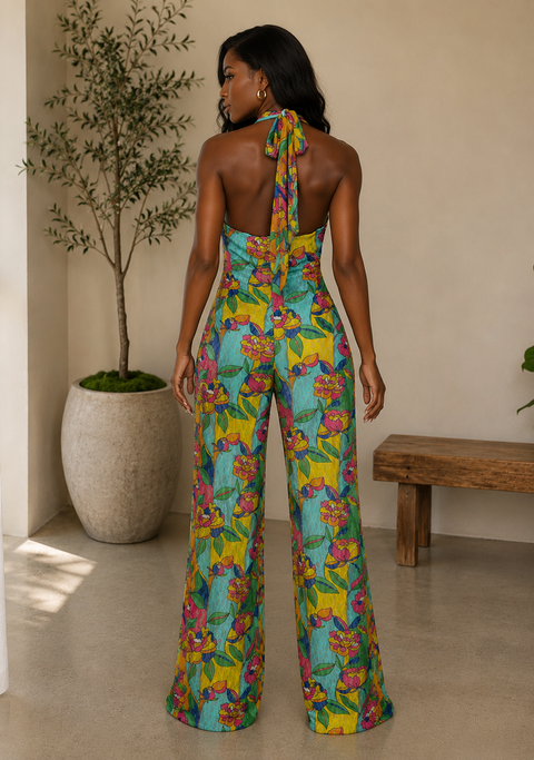 Lace Print Halter Jumpsuit