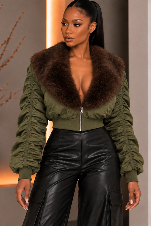 Faux Fur Ruched Sleeve Jacket
