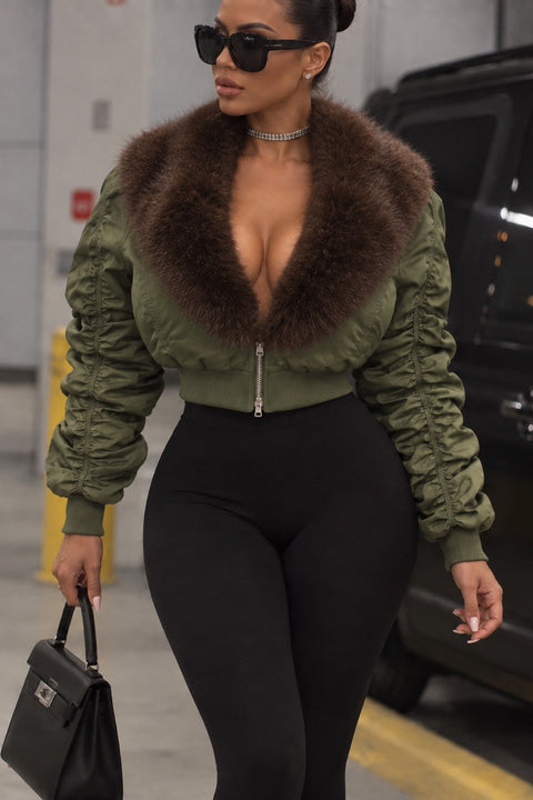 Faux Fur Ruched Sleeve Jacket