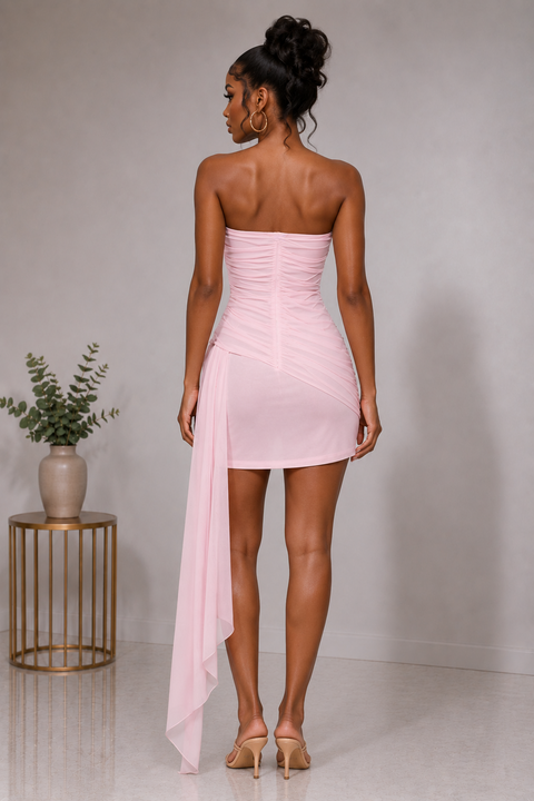One Side Drape Ruched Tube Mini Dress