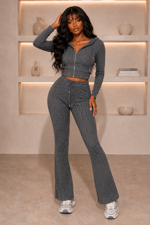 Hacci Ribbed Hoodie Jacket & Flare Pants Set