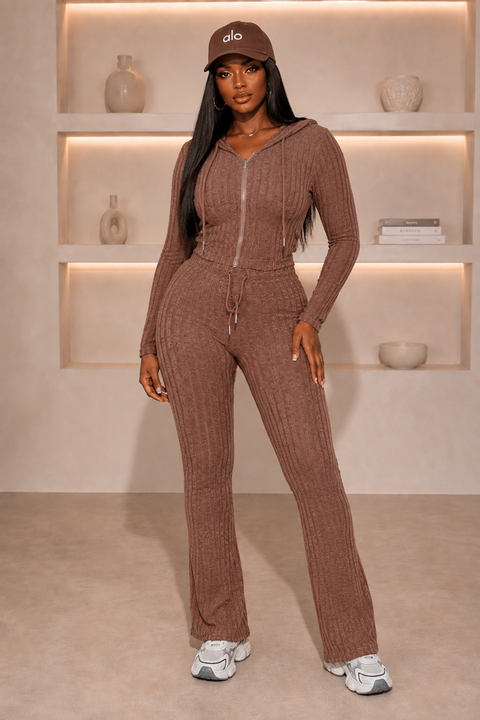 Hacci Ribbed Hoodie Jacket & Flare Pants Set