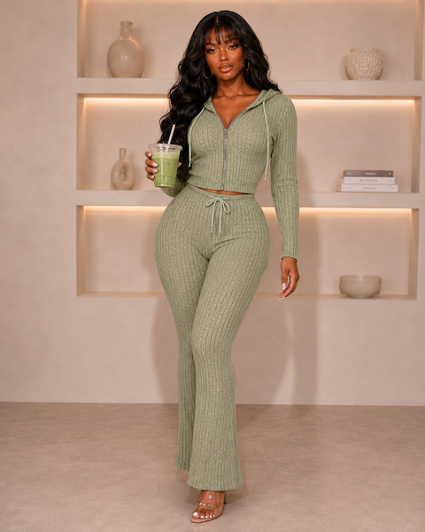 Hacci Ribbed Hoodie Jacket & Flare Pants Set