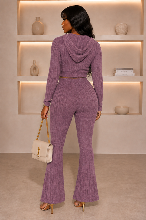 Hacci Ribbed Hoodie Jacket & Flare Pants Set