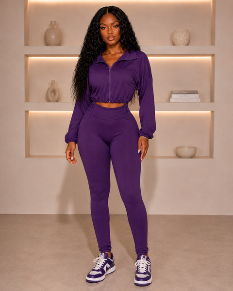Solid Zip Up Crop Jacket & Leggings Set