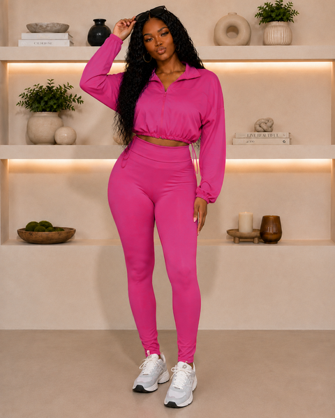 Solid Zip Up Crop Jacket & Leggings Set