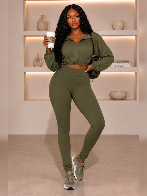 Solid Zip Up Crop Jacket & Leggings Set