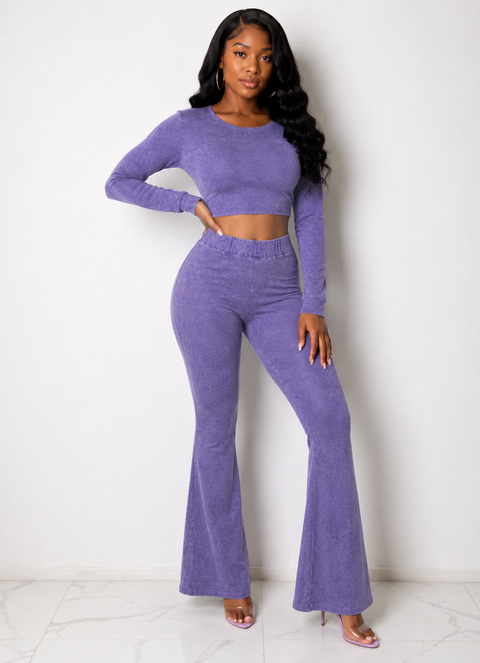 Washed Crop Top & Flare Pants Set