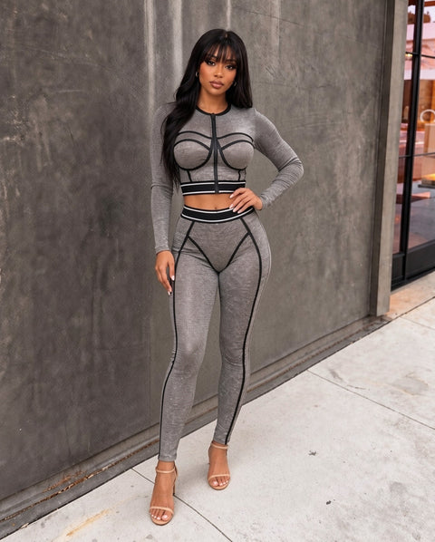 Shiny Mesh Zip LS Top & Leggings Set