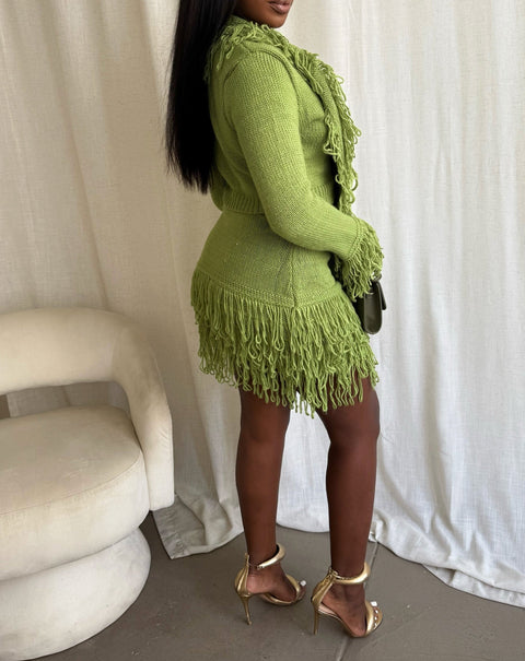 Tassel Trim Knit Top & Skirt Set
