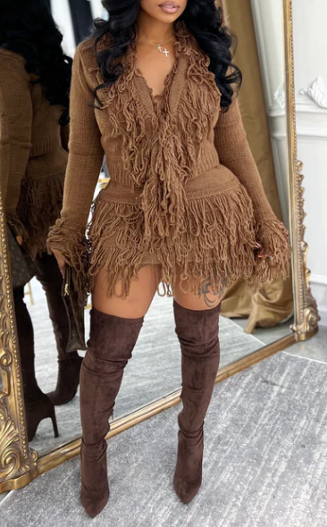 Tassel Trim Knit Top & Skirt Set