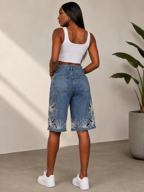 Flower Embroidery Hem Denim Jorts