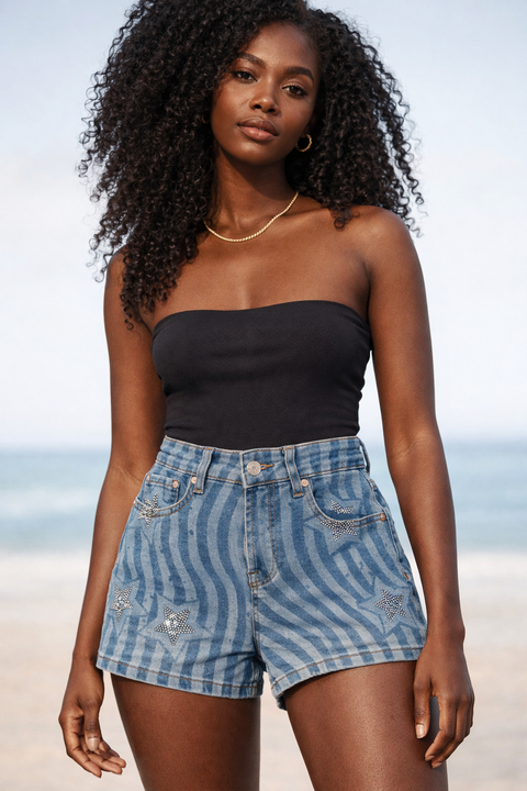 Stars Striped Denim Shorts
