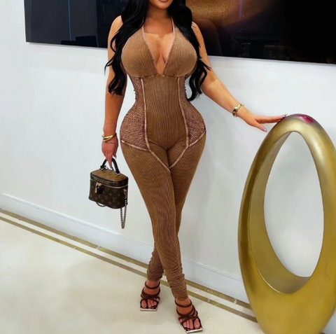 Washed Side Fishnet Halter Jumpsuit