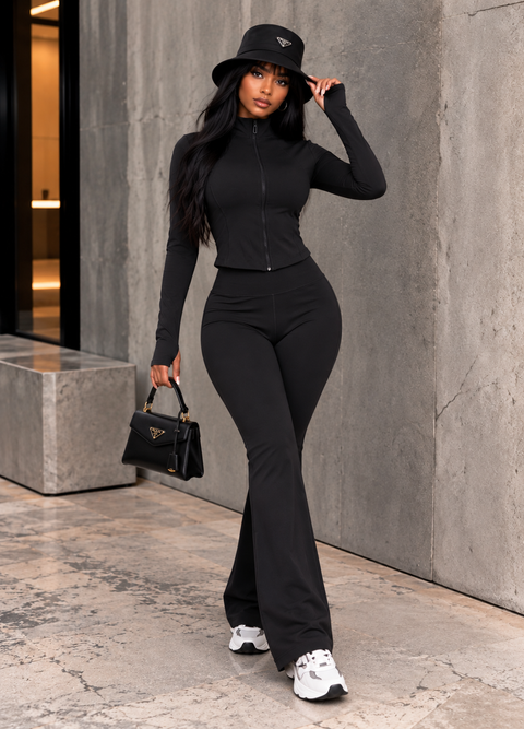 Yoga Fabric Zip Jacket & Flare Pants Set